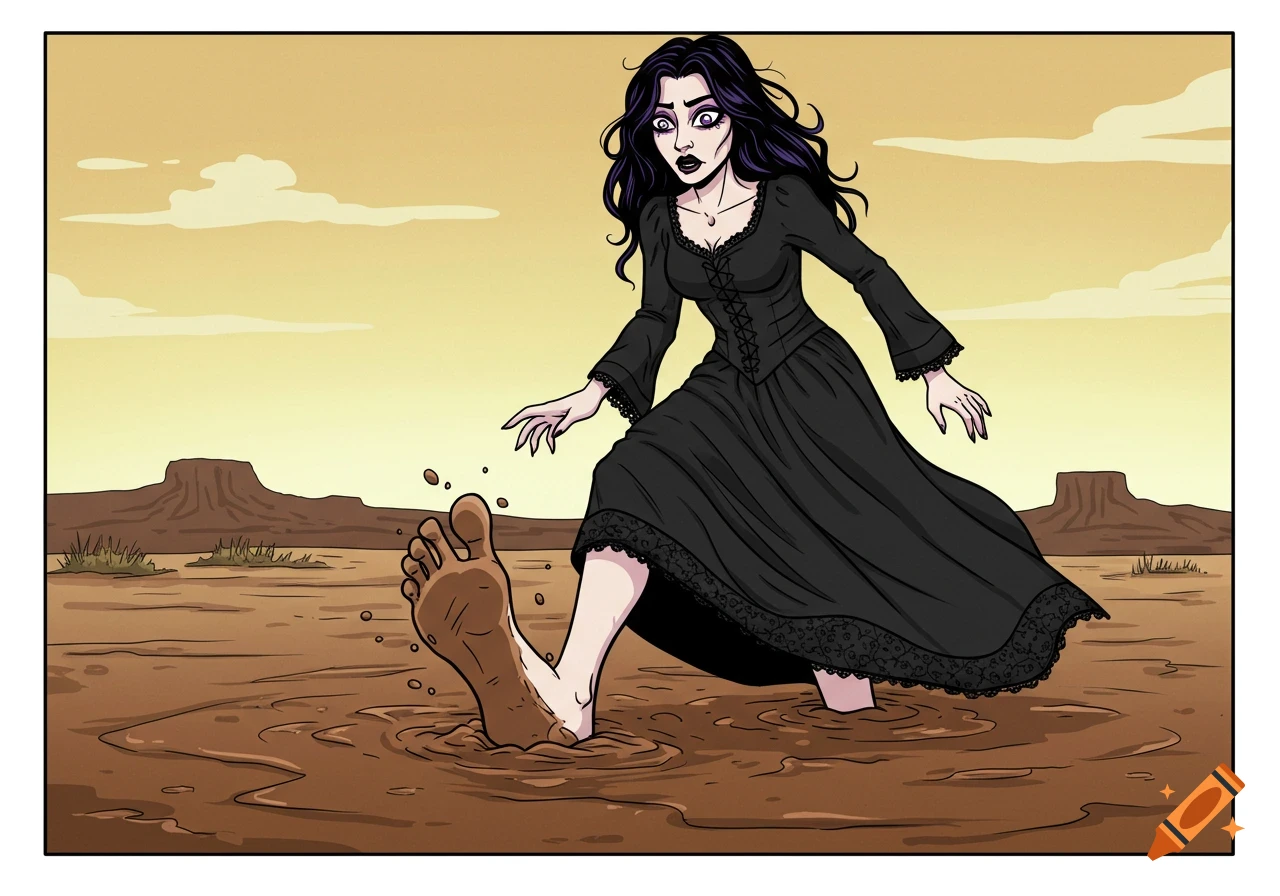 Goth woman in a black dress stepping into mud in a Western comic art style landscape.