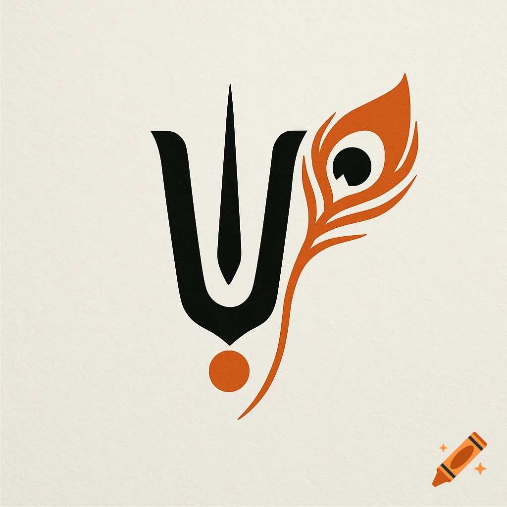 Krishna tilak symbol with a peacock feather in black and orange on a light background.