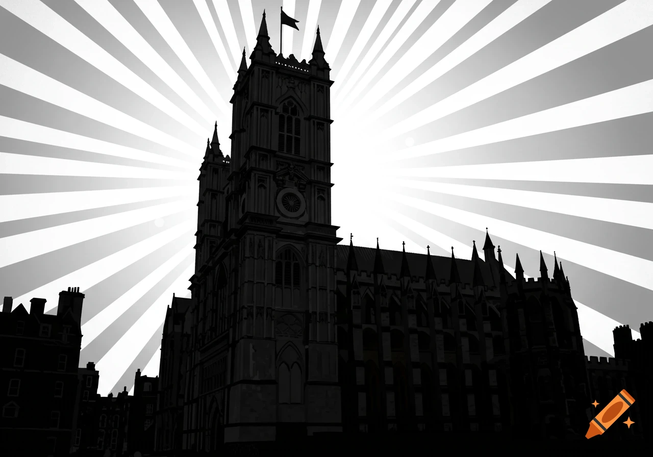Graphical silhouette of Westminster Abbey with sun rays.