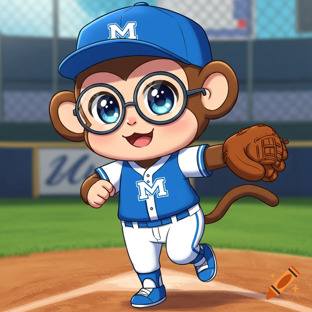 A cartoon chibi monkey in a blue baseball uniform and glasses, holding a mitt and running on a field.