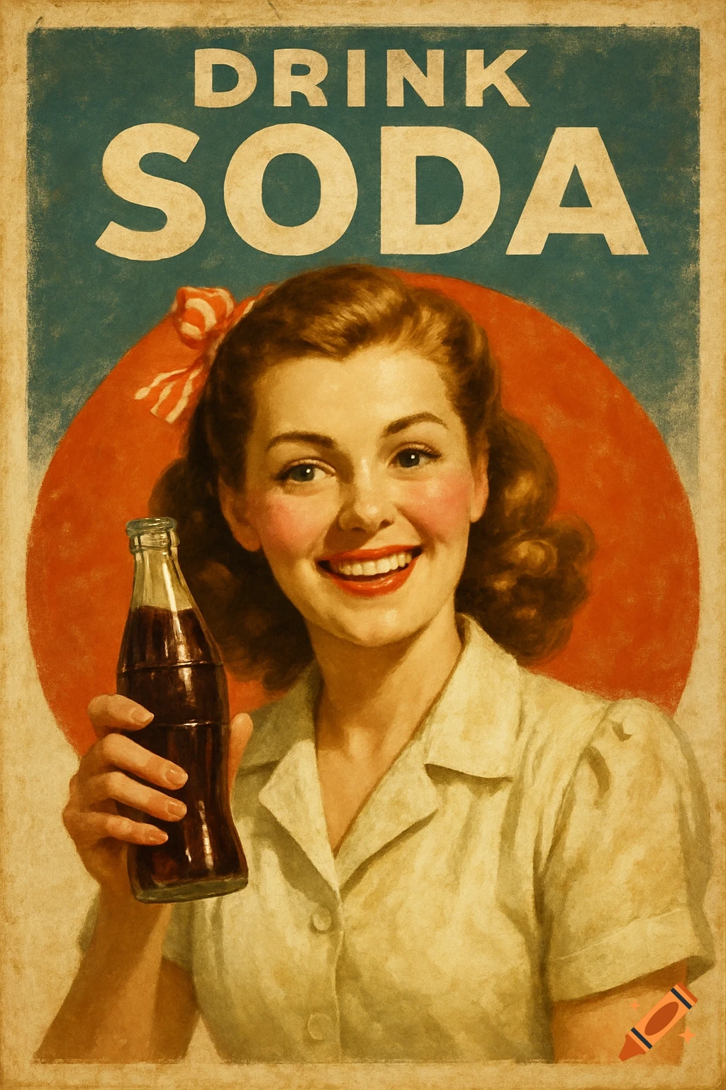 Vintage poster of a smiling woman holding a soda bottle, with 'DRINK SODA' text.