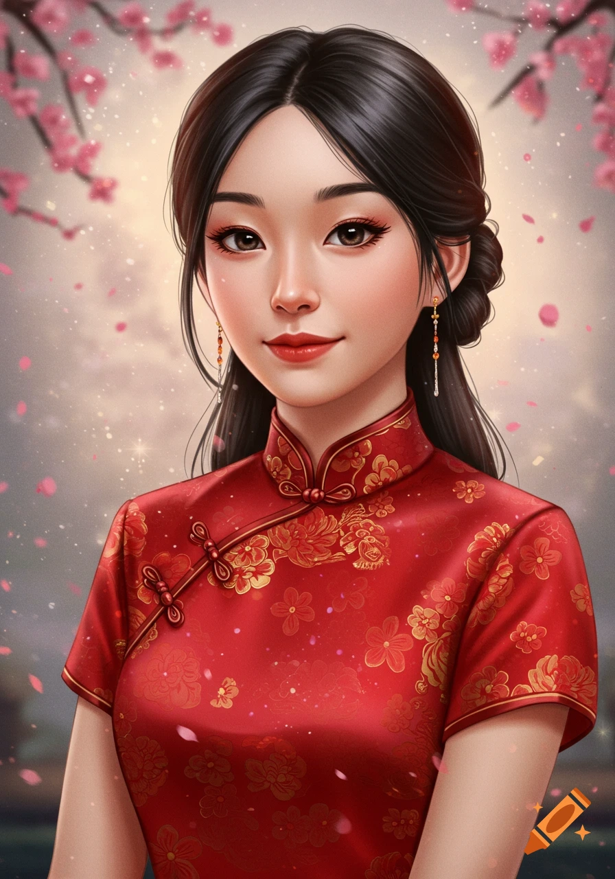 A portrait of an Asian woman in a red Qipao with cherry blossoms in the background.