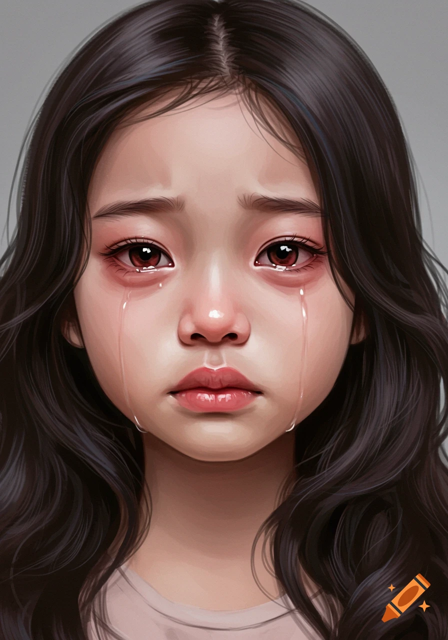 Digital art portrait of a young girl crying with tears streaming down her face.