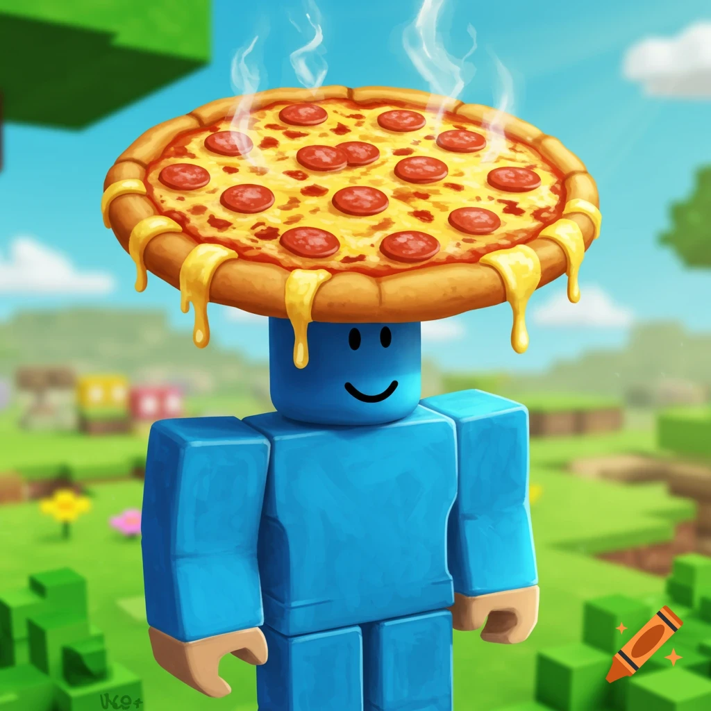 A blue Roblox character with a pizza on its head stands in a blocky landscape.