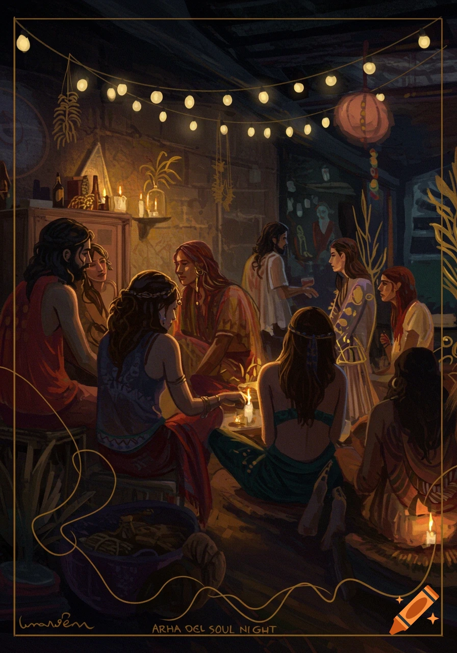 Painting of a group gathering by candlelight and string lights in a dimly lit room, boho style.