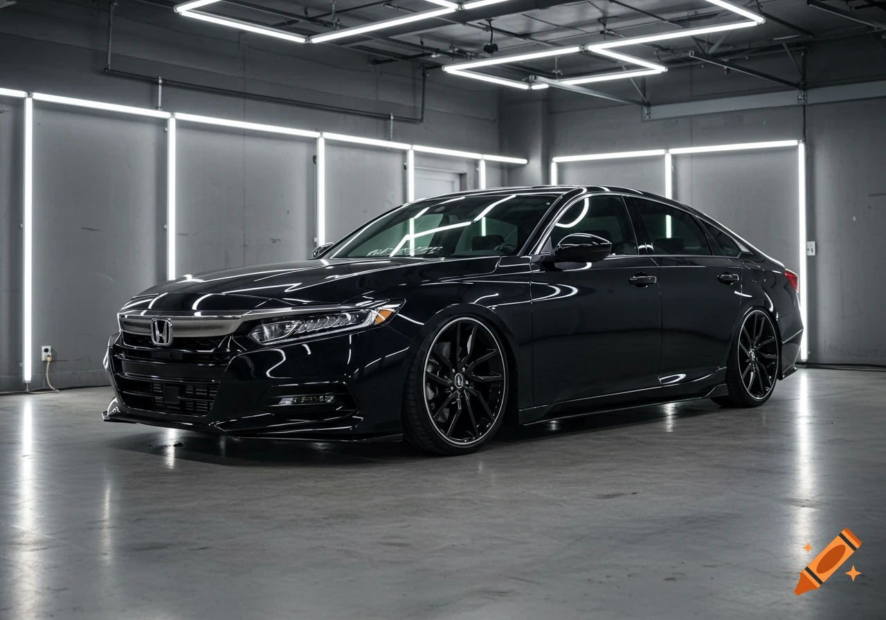 A black Honda Accord car parked in a well-lit garage.