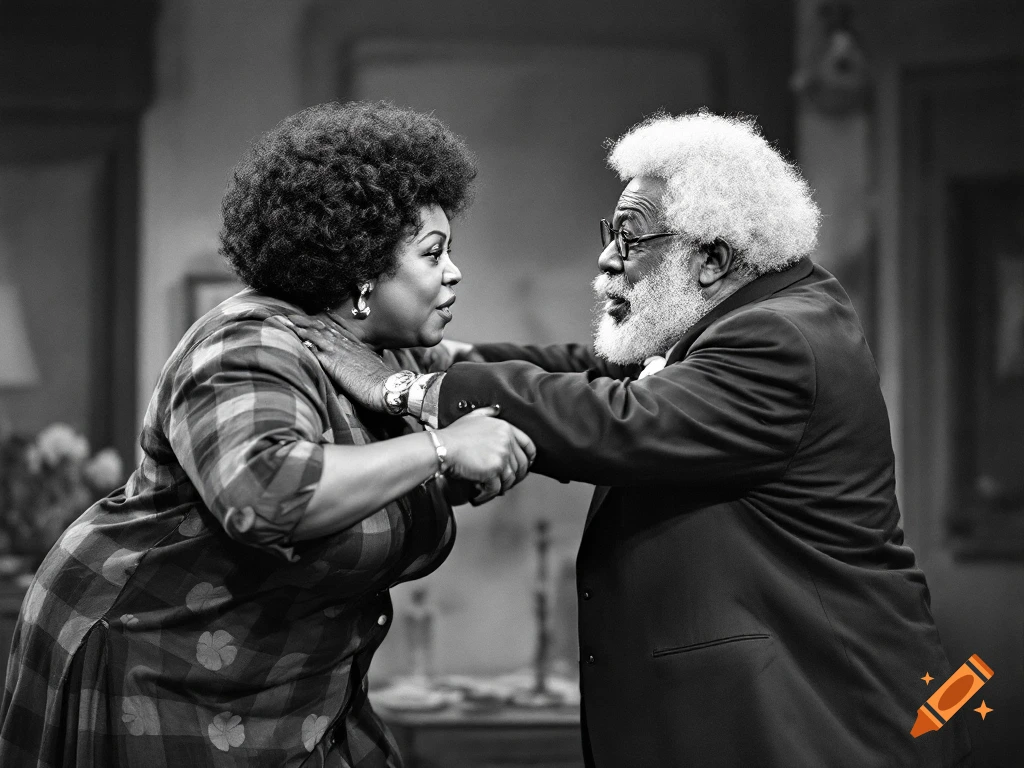 Two older individuals resembling TV characters 'fighting' dramatically in black and white, theatrical style.
