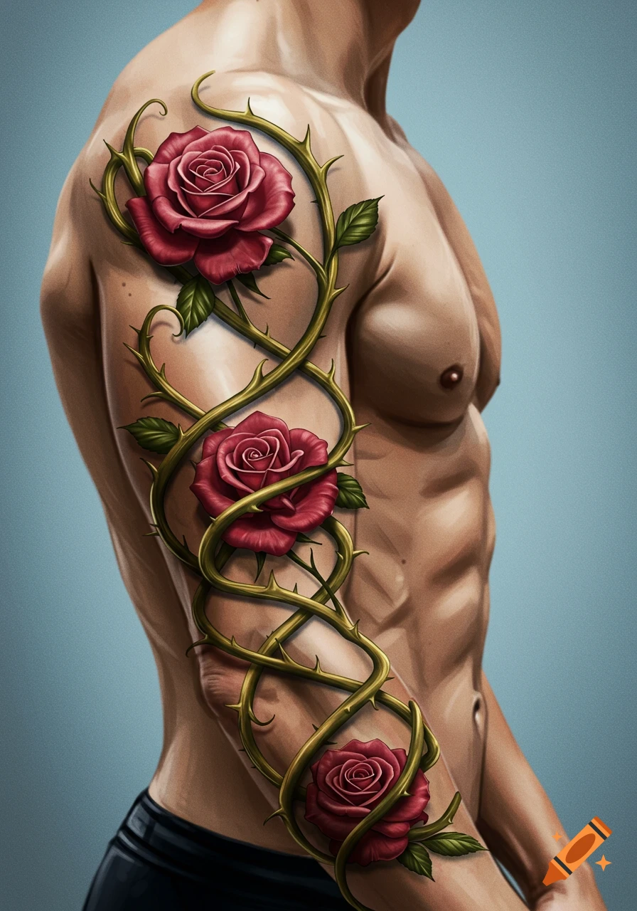 A person's arm with a rose and thorny vine tattoo wrapping around it.
