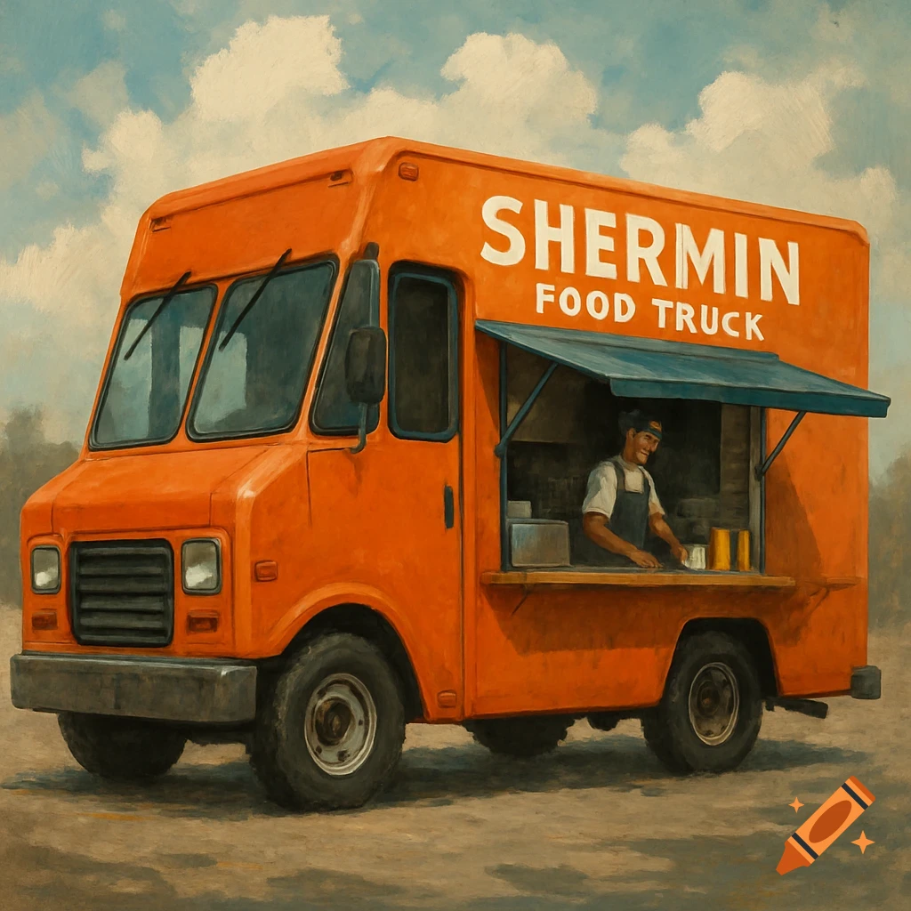An orange food truck with "SHERMIN FOOD TRUCK" on the side, with a person inside, in a painterly style.