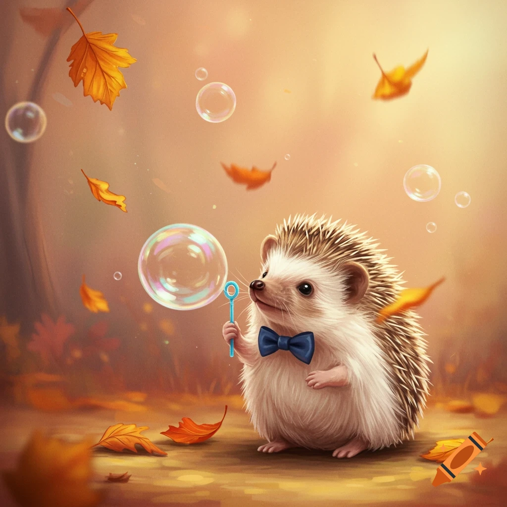 Cute baby hedgehog with a blue bowtie blowing bubbles in an autumn scene with falling leaves.