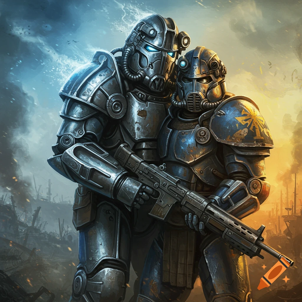 Two figures in detailed power armor hug, one holding a rifle, in a post-apocalyptic landscape.
