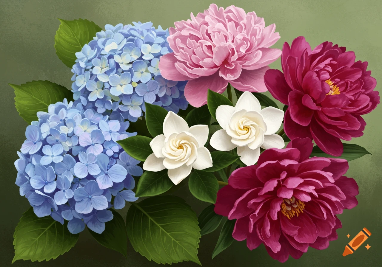 An illustration of blue hydrangeas, pink and red peonies, and white gardenias.