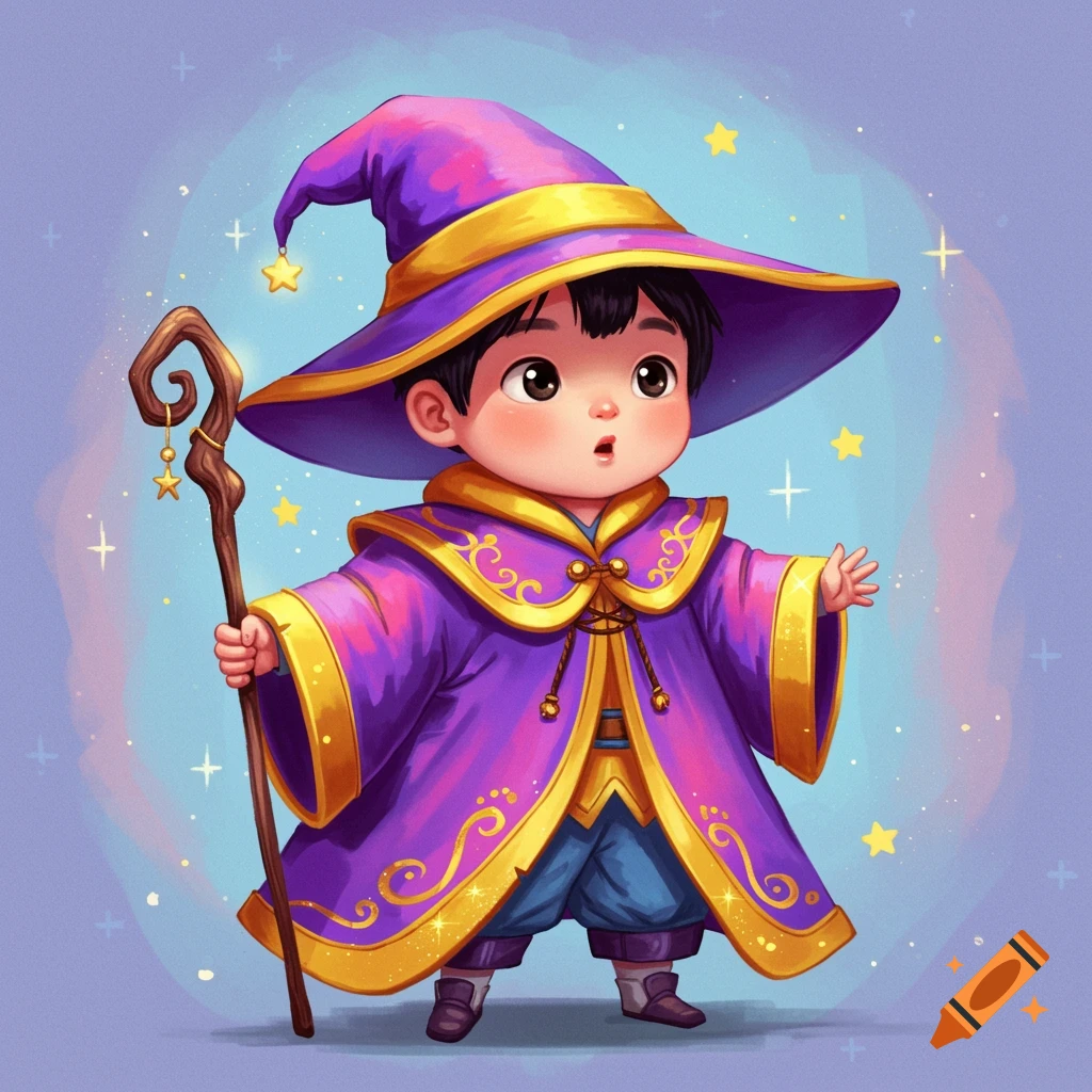 A cartoon illustration of a child dressed in a purple and gold wizard costume holding a staff.