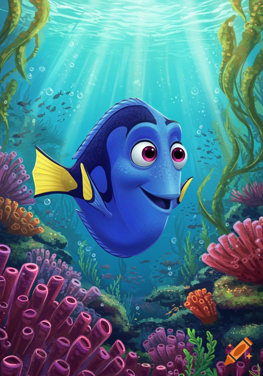 A cartoon blue fish swims among colorful coral and seaweed underwater.