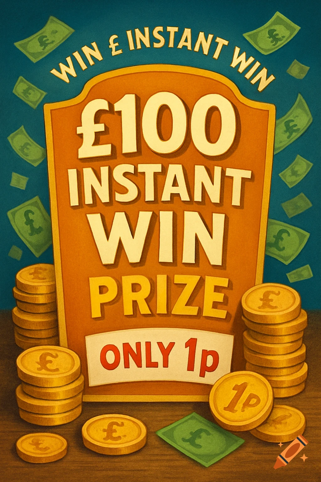 A stylized poster for a £100 instant win prize competition with stacks of coins, banknotes, and text.