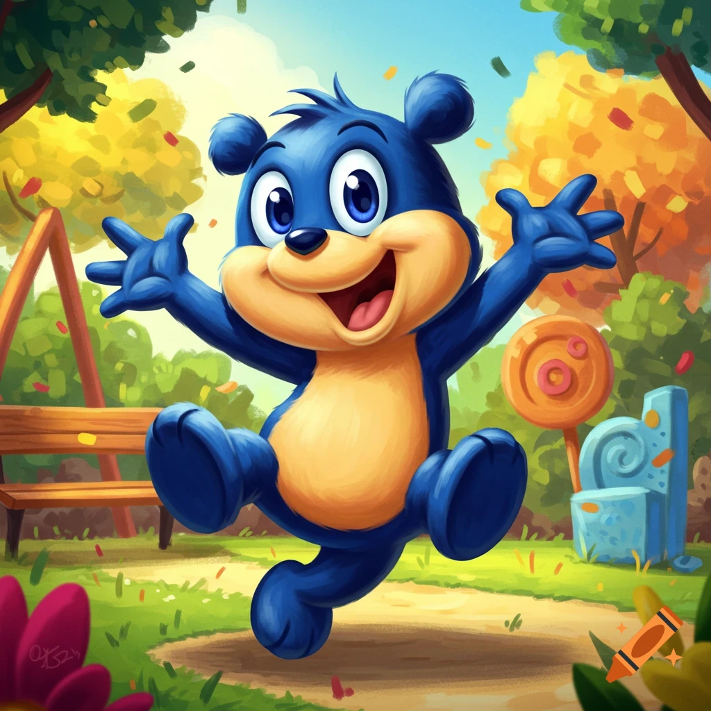 Illustrative cartoon blue bear jumping happily in a park or playground setting with confetti.