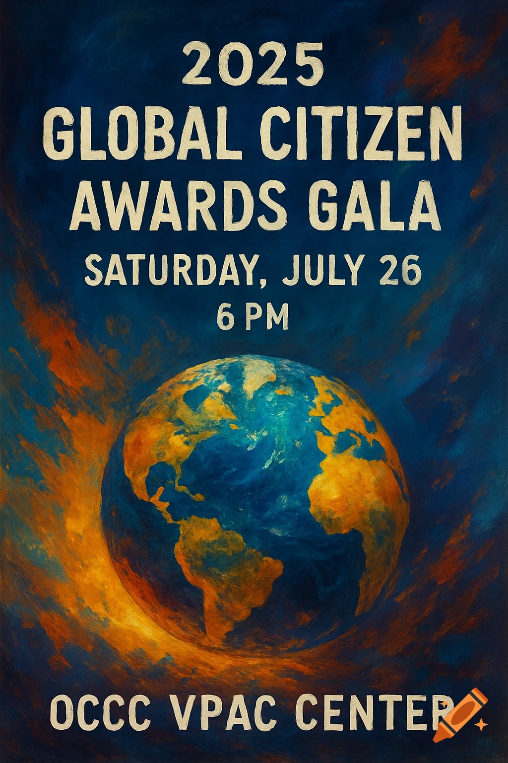 Poster for the 2025 Global Citizen Awards Gala with event details and a globe illustration.