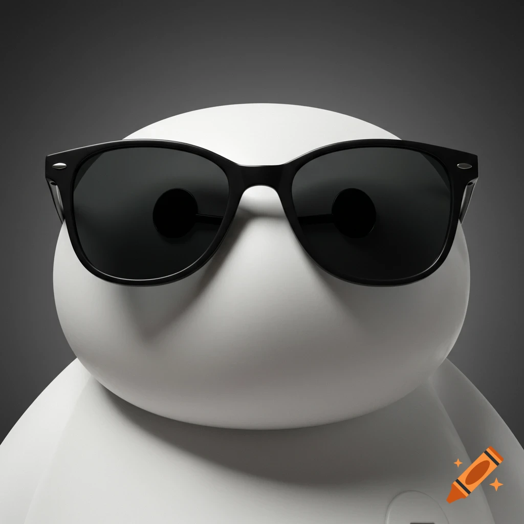 Close-up of Baymax's face wearing sunglasses.