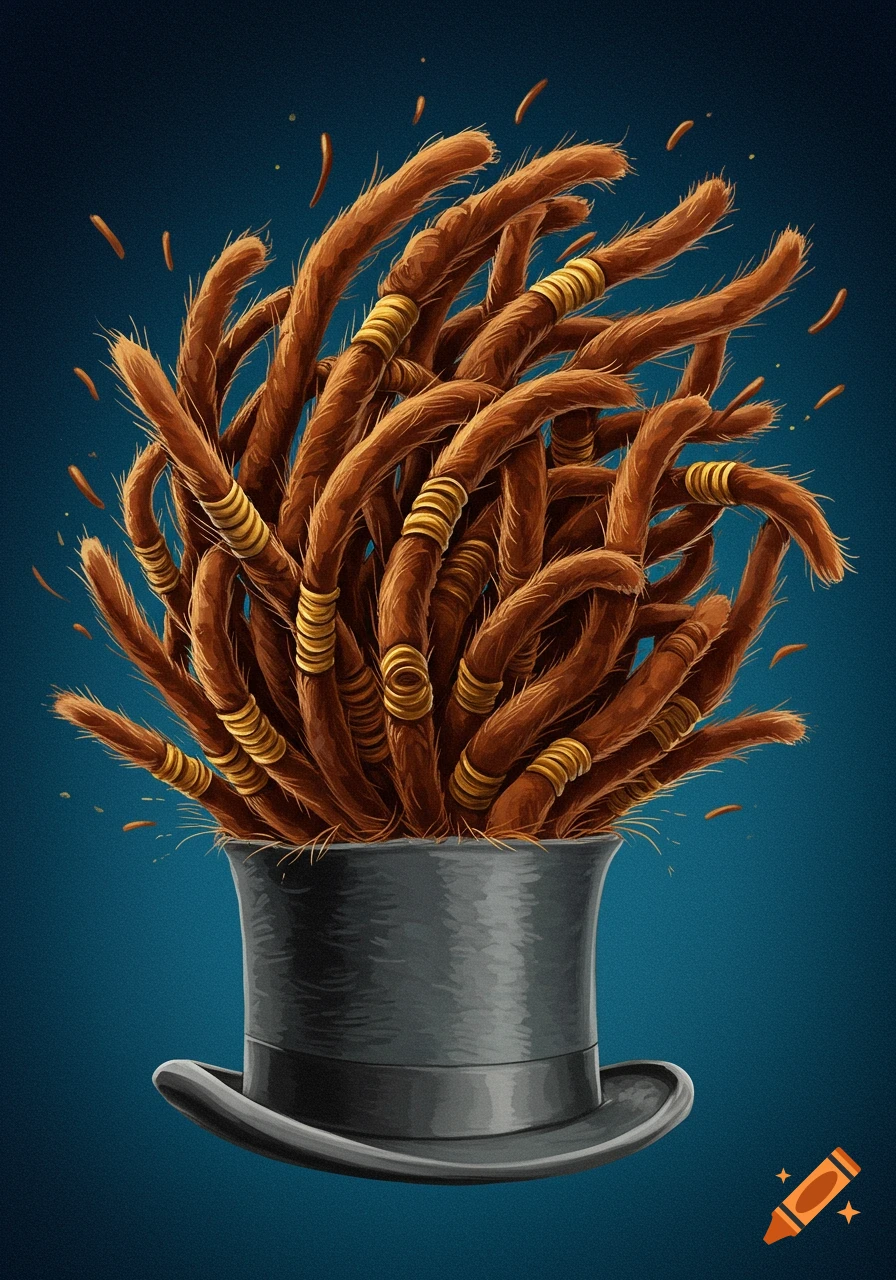 Brown dreadlocks with gold rings emerging from a black top hat.