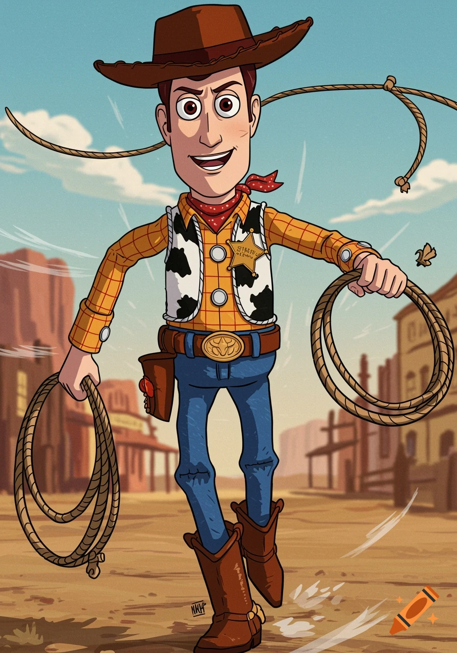 Cartoon Woody from Toy Story holds two lassos in a wild west town