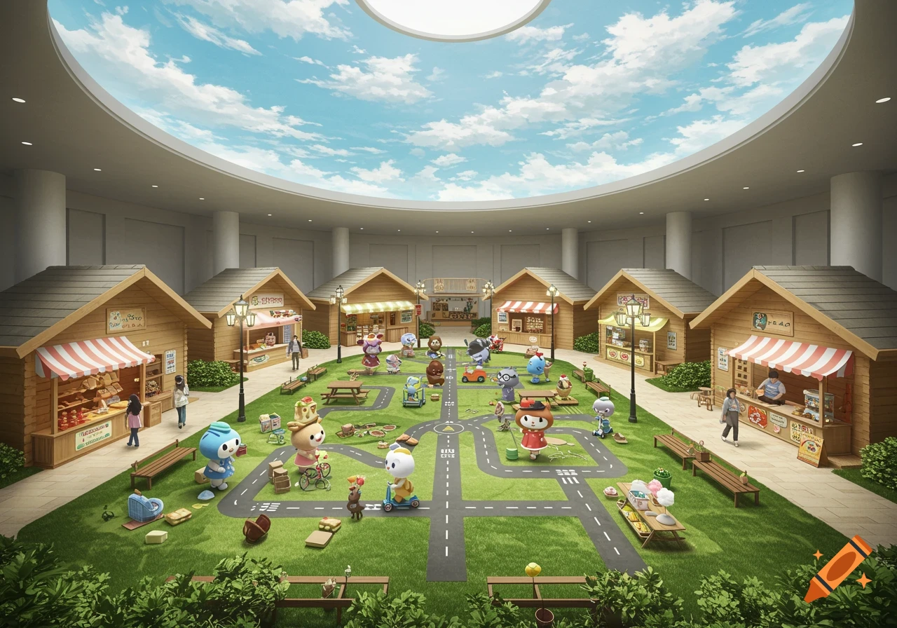 An indoor park designed like a small town square with wooden stalls, roads, picnic benches, and cute cartoon characters.
