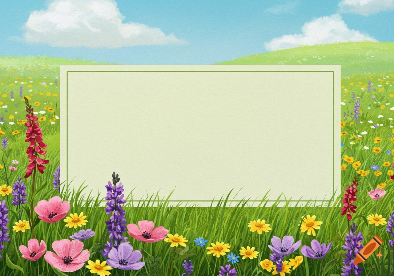 A blank greeting card centered in a field of colorful spring flowers under a blue sky with clouds.