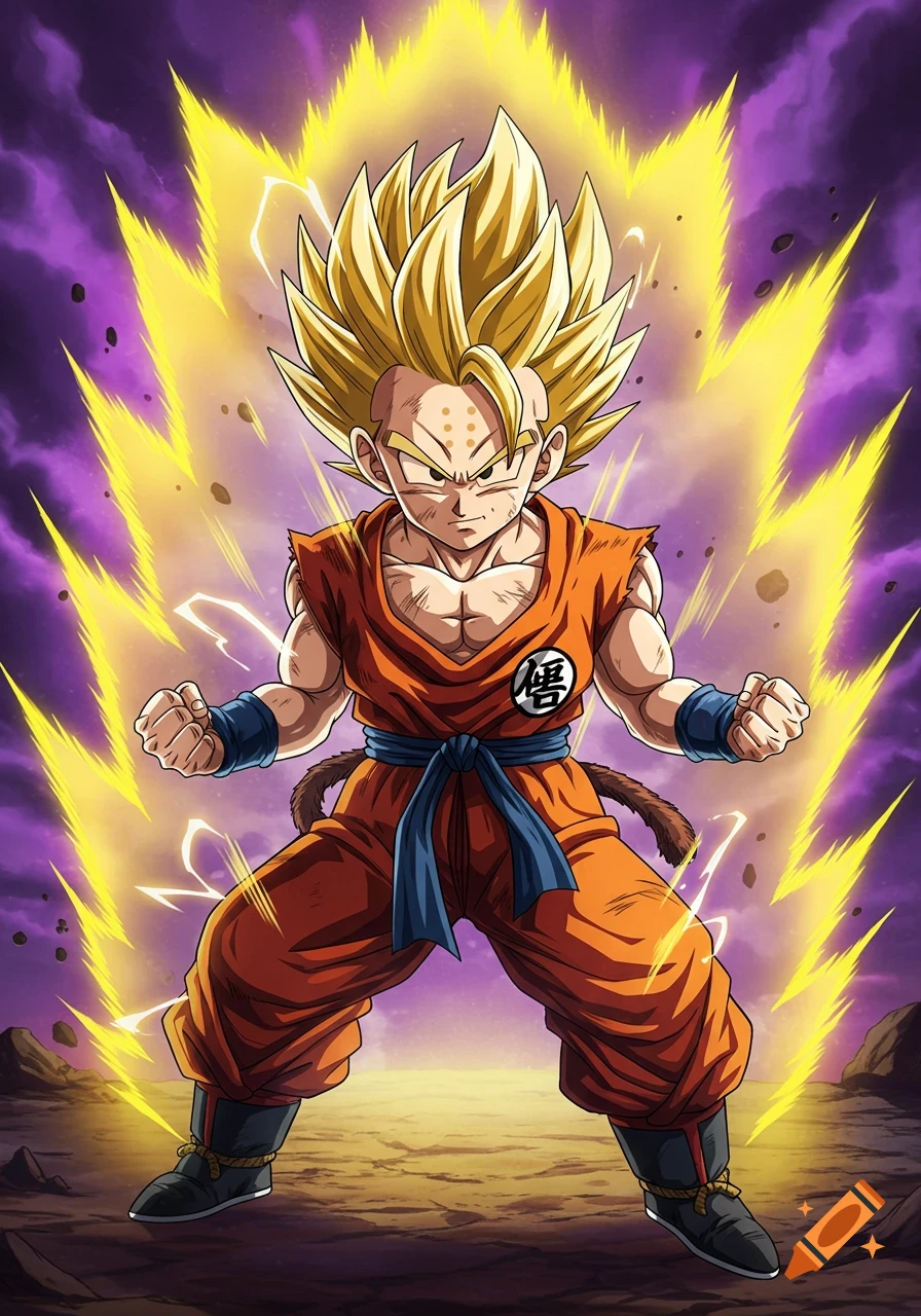 Anime character with blonde spiky hair and orange gi powering up with yellow aura
