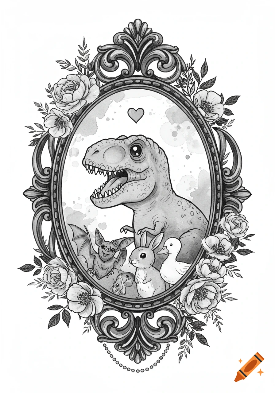 Black and grey illustration of a cute T-Rex, bat, bunny, and duck inside an ornate gothic floral frame with watercolor texture.