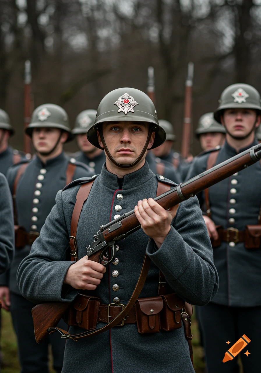 A soldier in a grey-blue uniform holding a rifle stands in formation.