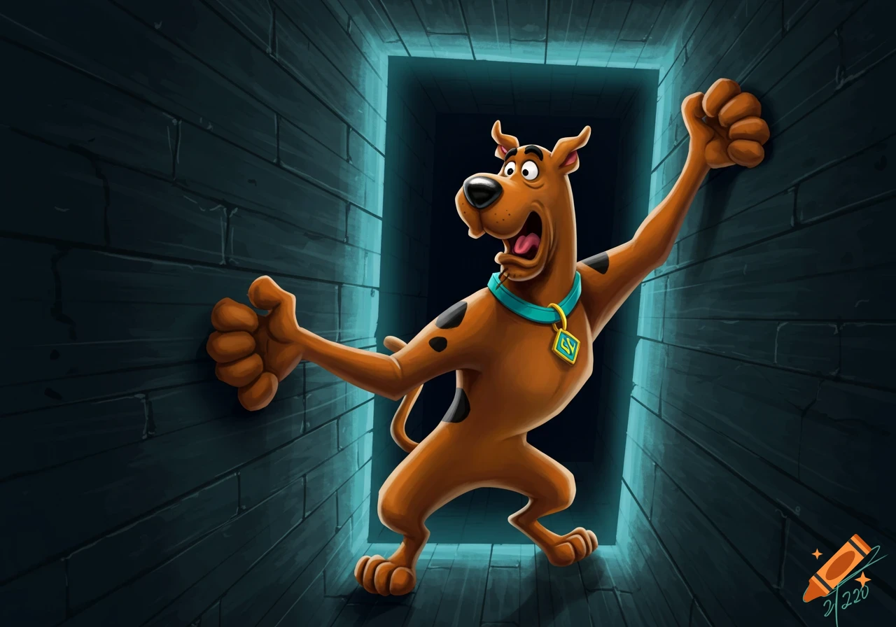 Scooby Doo braces against the dark walls of a narrow corridor in a cartoon style.