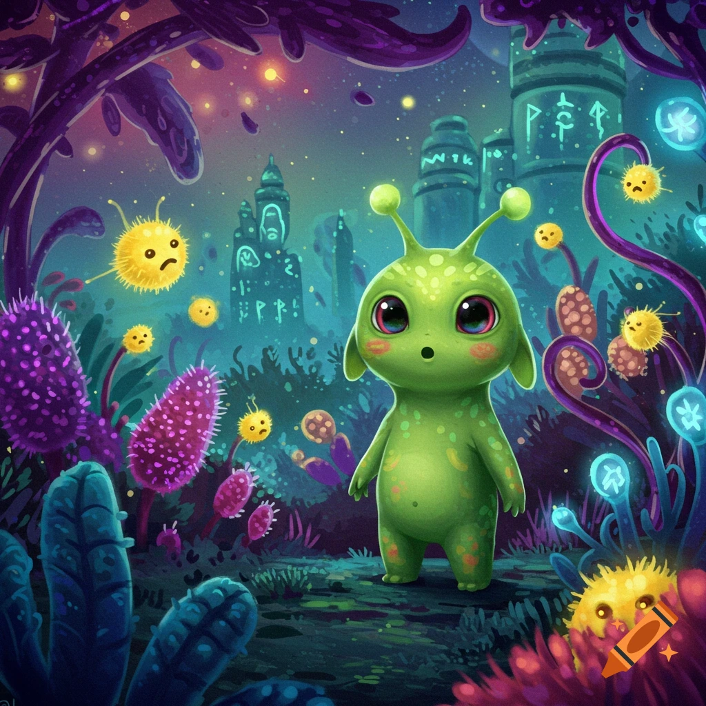 A cute green alien with large eyes stands in a colorful, fantastical alien landscape with glowing plants and buildings covered in strange symbols.
