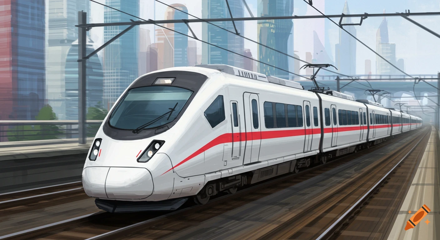 An illustration of a white high-speed train with a red stripe passing through a city.