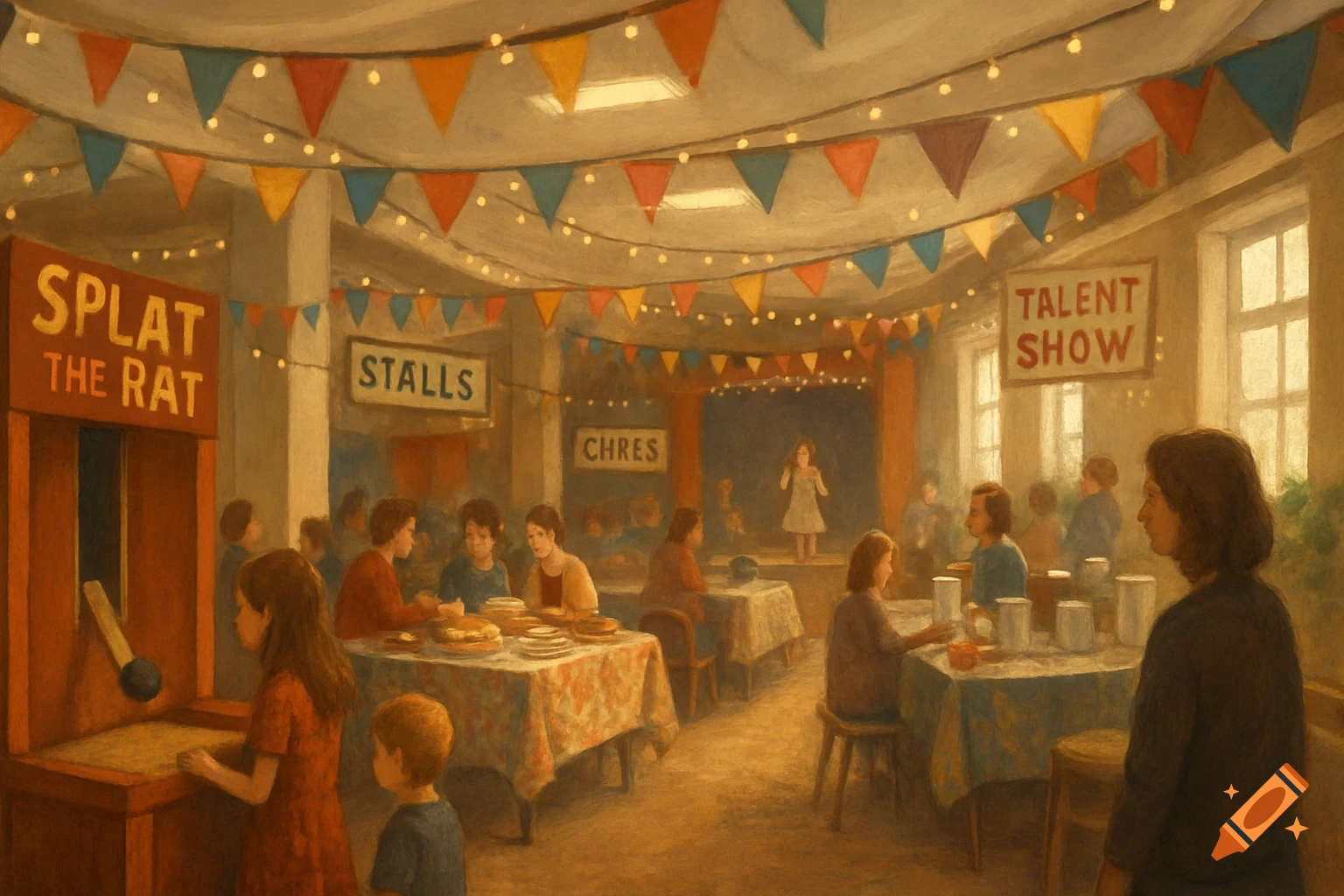 An indoor village fete scene with people, game stalls, and a talent show stage, in a painted style.