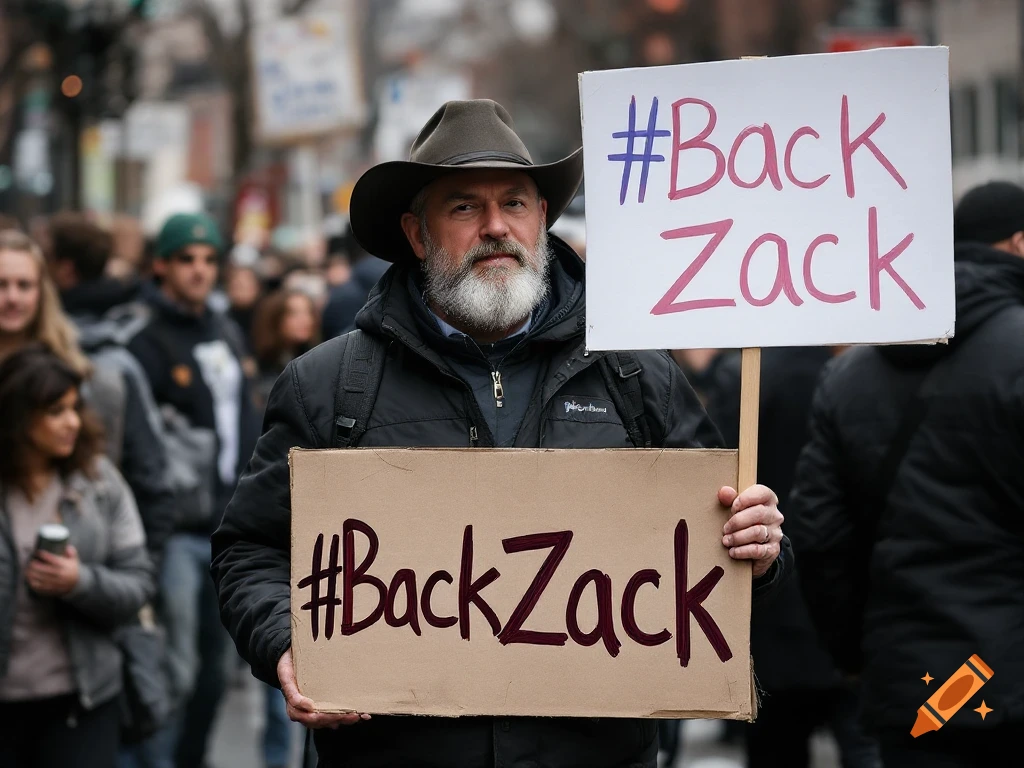 A man in a cowboy hat holds two signs that say '#Back Zack' in a crowd.