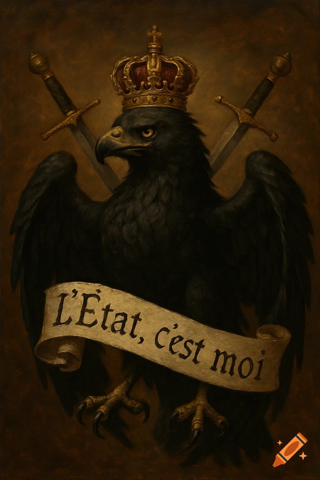 Painting of a black eagle wearing a crown, with two swords crossed behind it. A banner below reads "L’État, c’est moi".