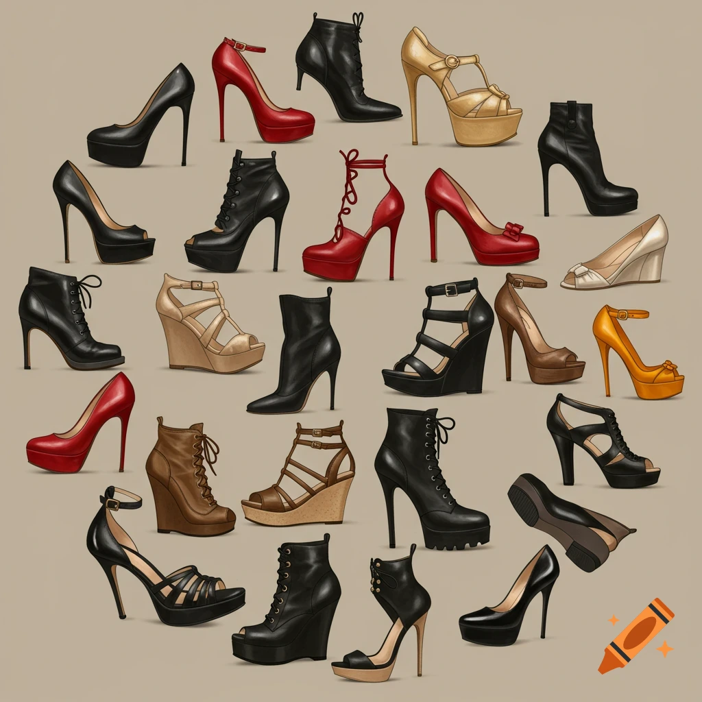 Collection of various high-heeled shoes and boots arranged in a circle.