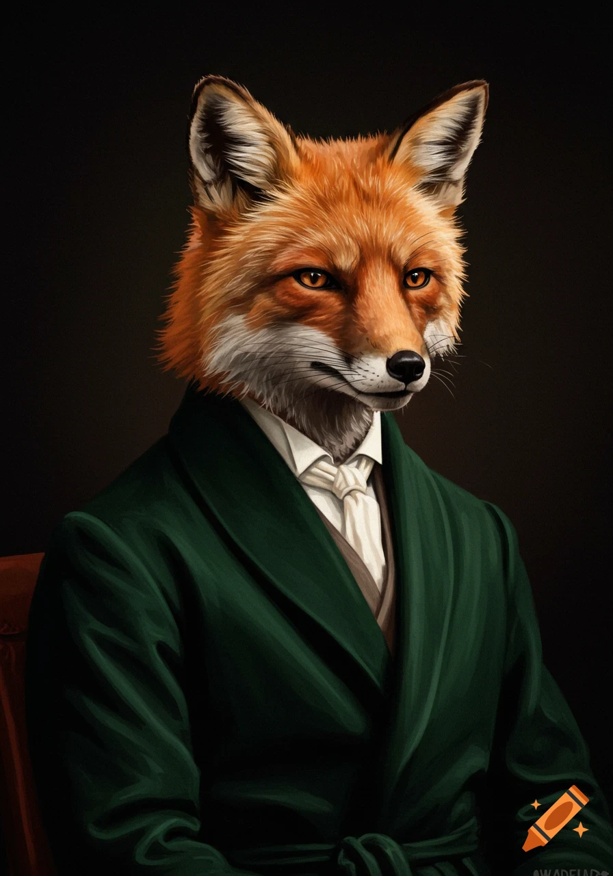 Portrait of an anthropomorphic red fox in a green smoking jacket against a dark background.
