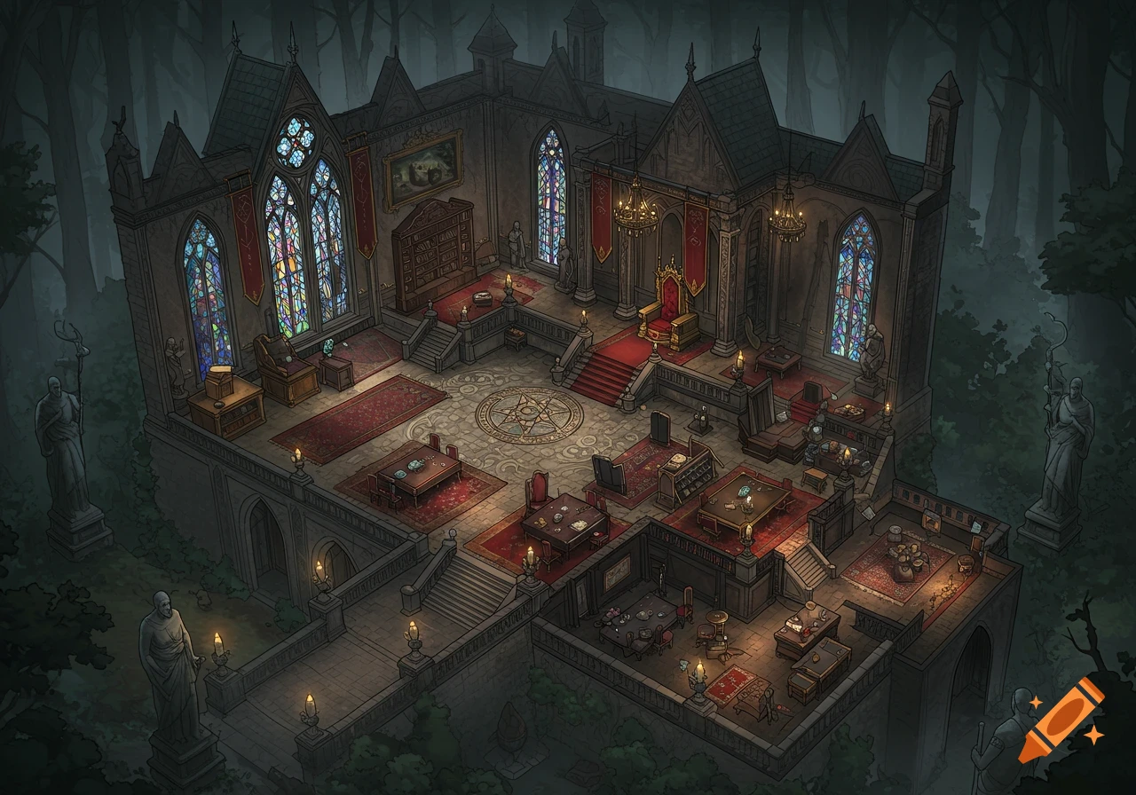 An isometric illustration of a gothic fantasy mansion interior with stained glass windows, throne room, library, and tables, set in a misty forest.