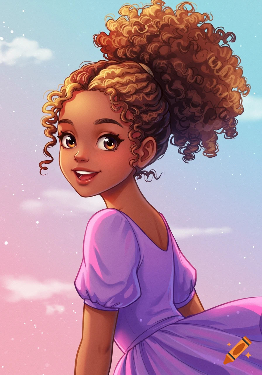 Anime style portrait of a young girl with curly hair in a high ponytail ...