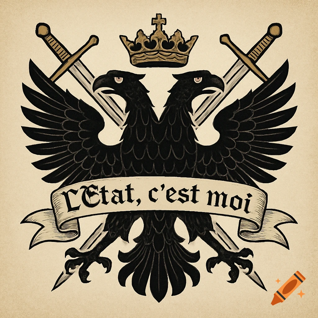 Coat of arms with double-headed black eagle, crown, swords, and banner saying "L 'État, c’est moi".