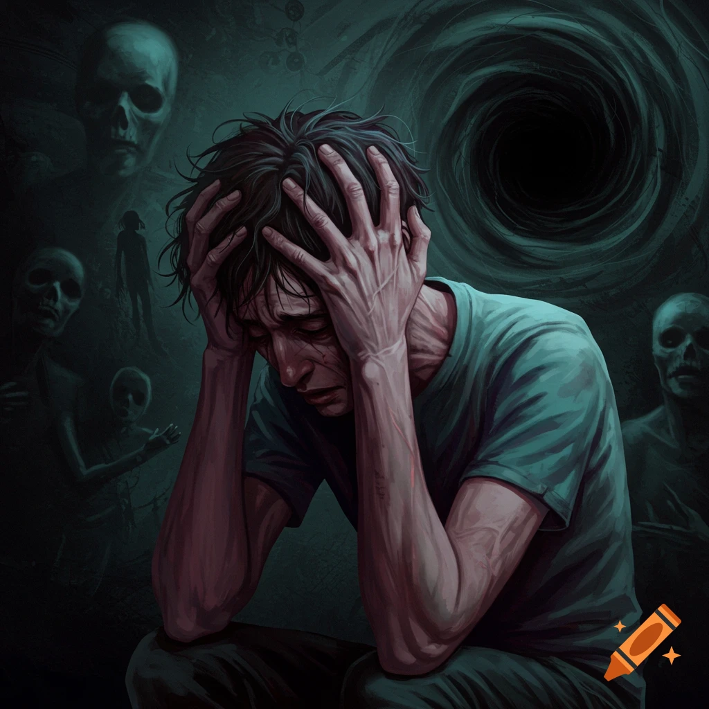 A person holds their head in distress, surrounded by dark figures and a black vortex in a psychological art style.