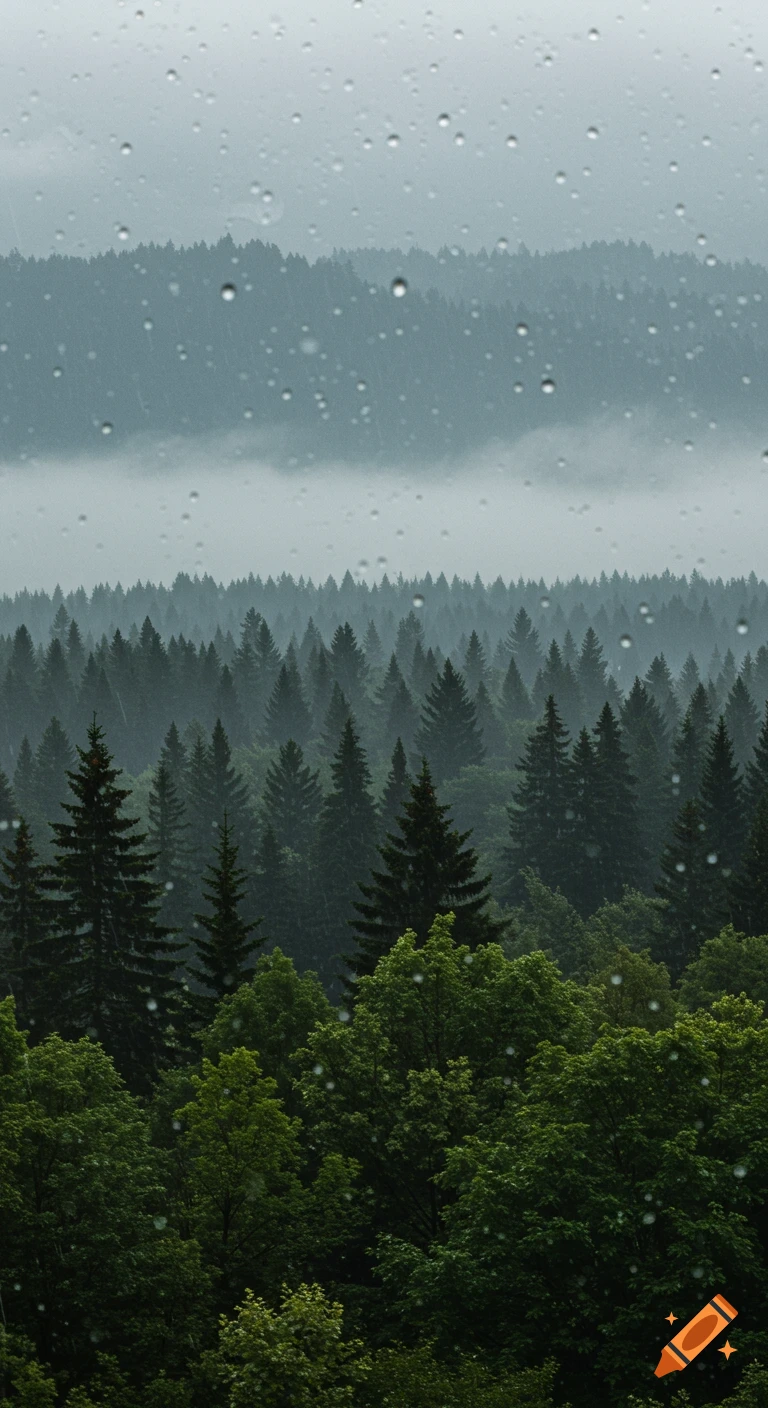 View of a foggy forest through a window covered in raindrops