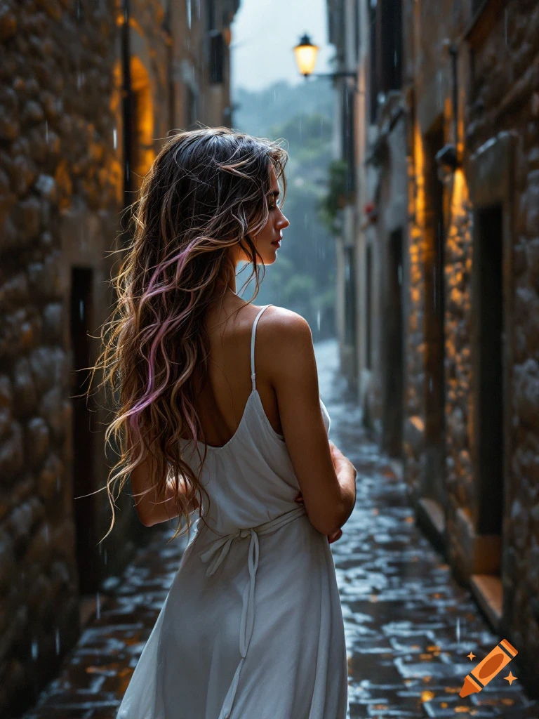 Woman in white dress walking in the rain in a cobblestone alley at night