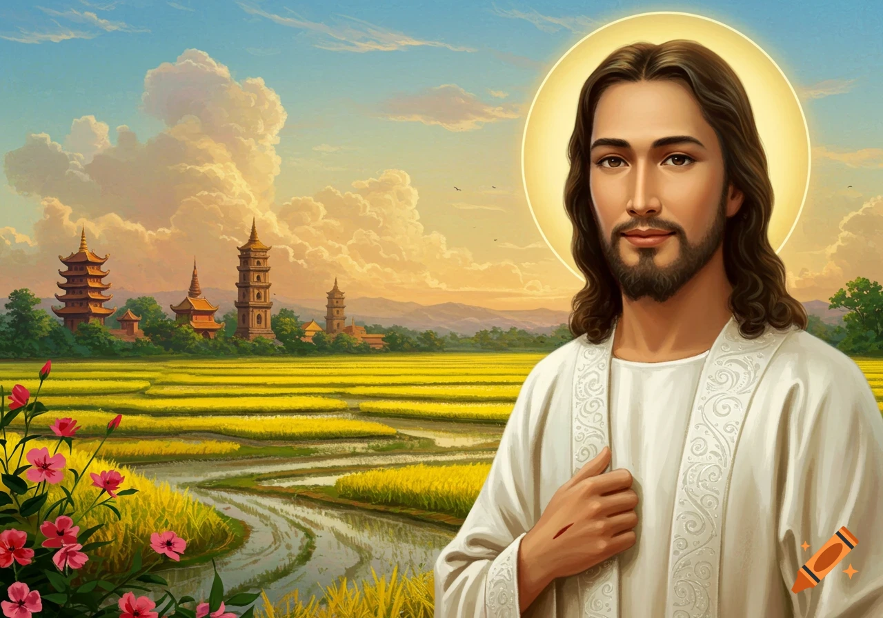 Jesus with a halo in a landscape with rice fields and Asian pagodas