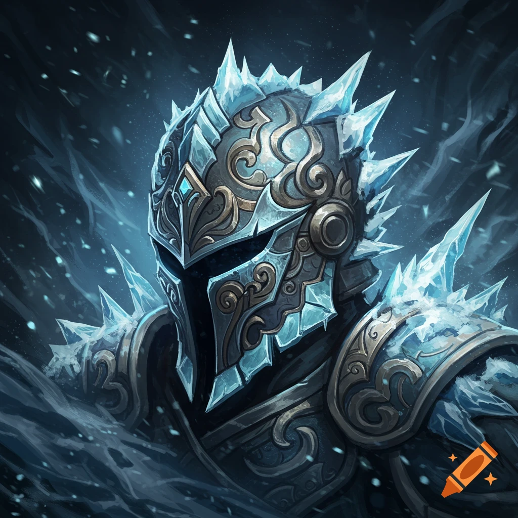 A close-up digital painting of an ice-covered fantasy knight's helmet with intricate metallic designs.
