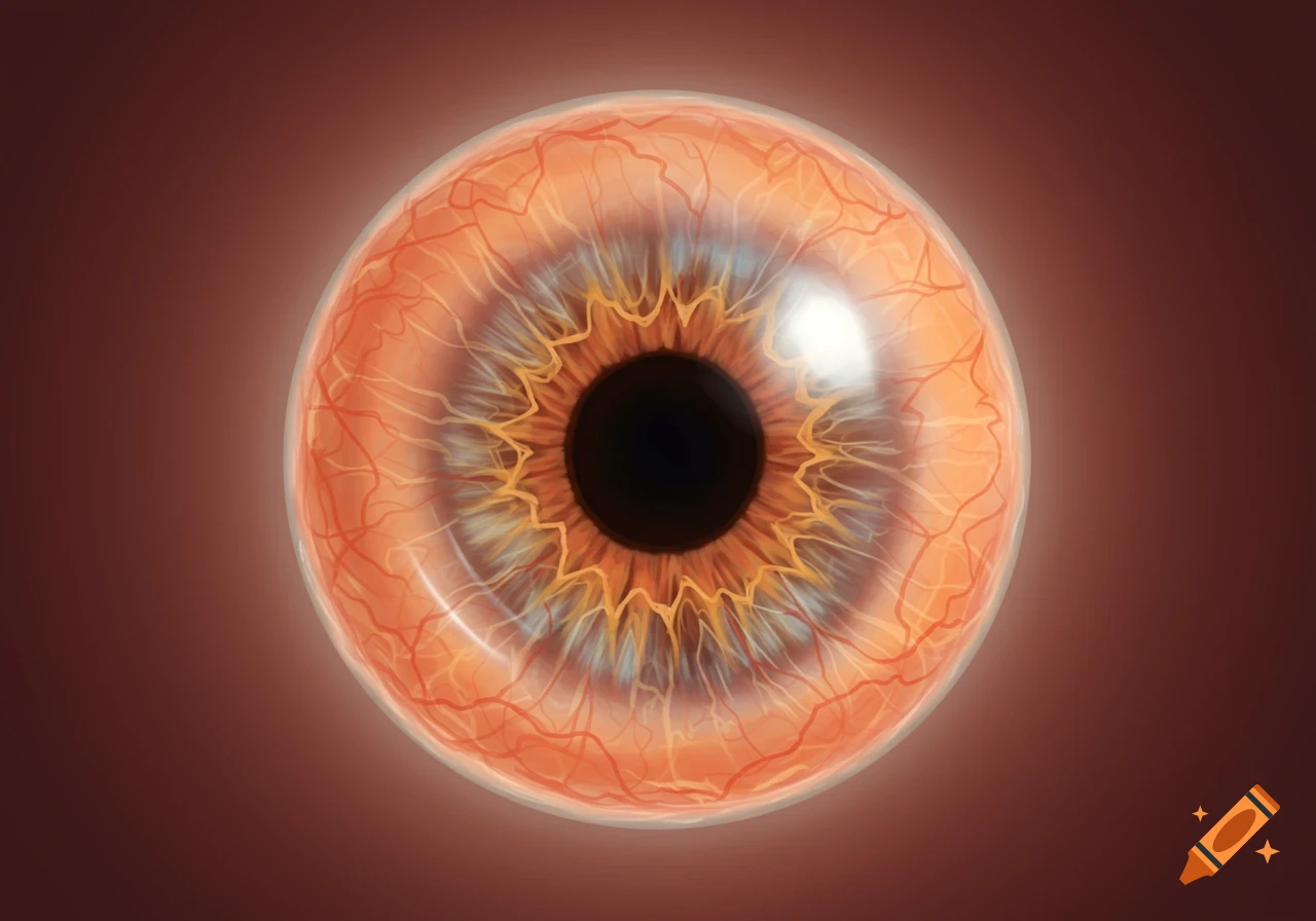 Close-up illustration of a human eye with visible iris, pupil, and blood vessels.