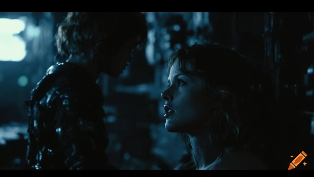 Two people in a dark, tense science fiction scene, like a film still.