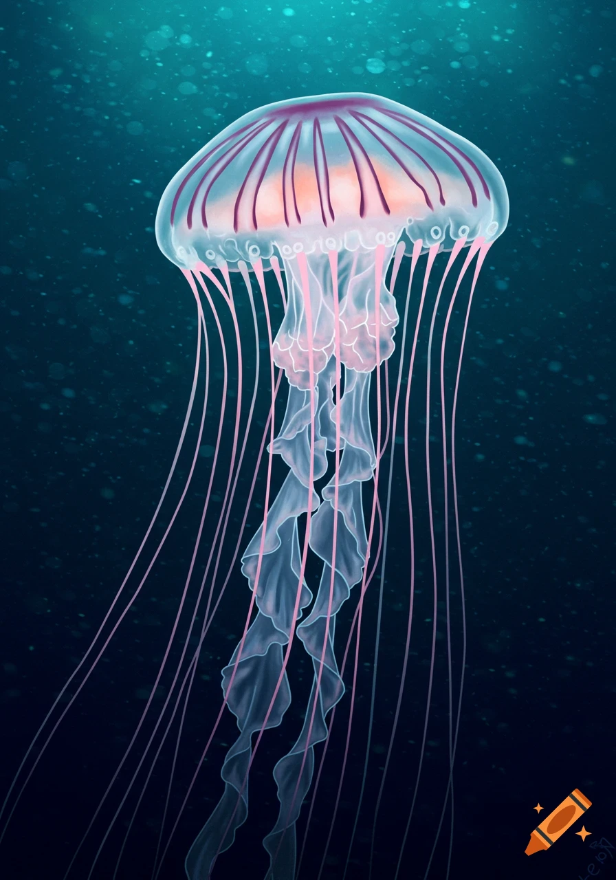 A luminous jellyfish in deep blue water.
