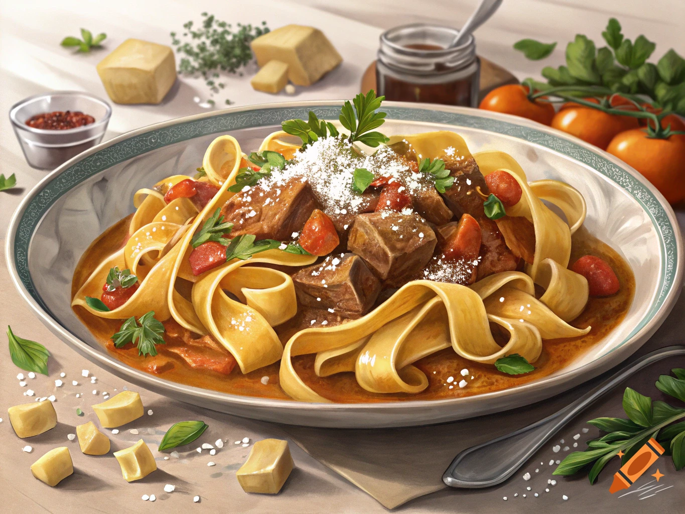 A plate of pappardelle pasta with meat stew, tomatoes, grated cheese, and herbs, garnished with cheese cubes.