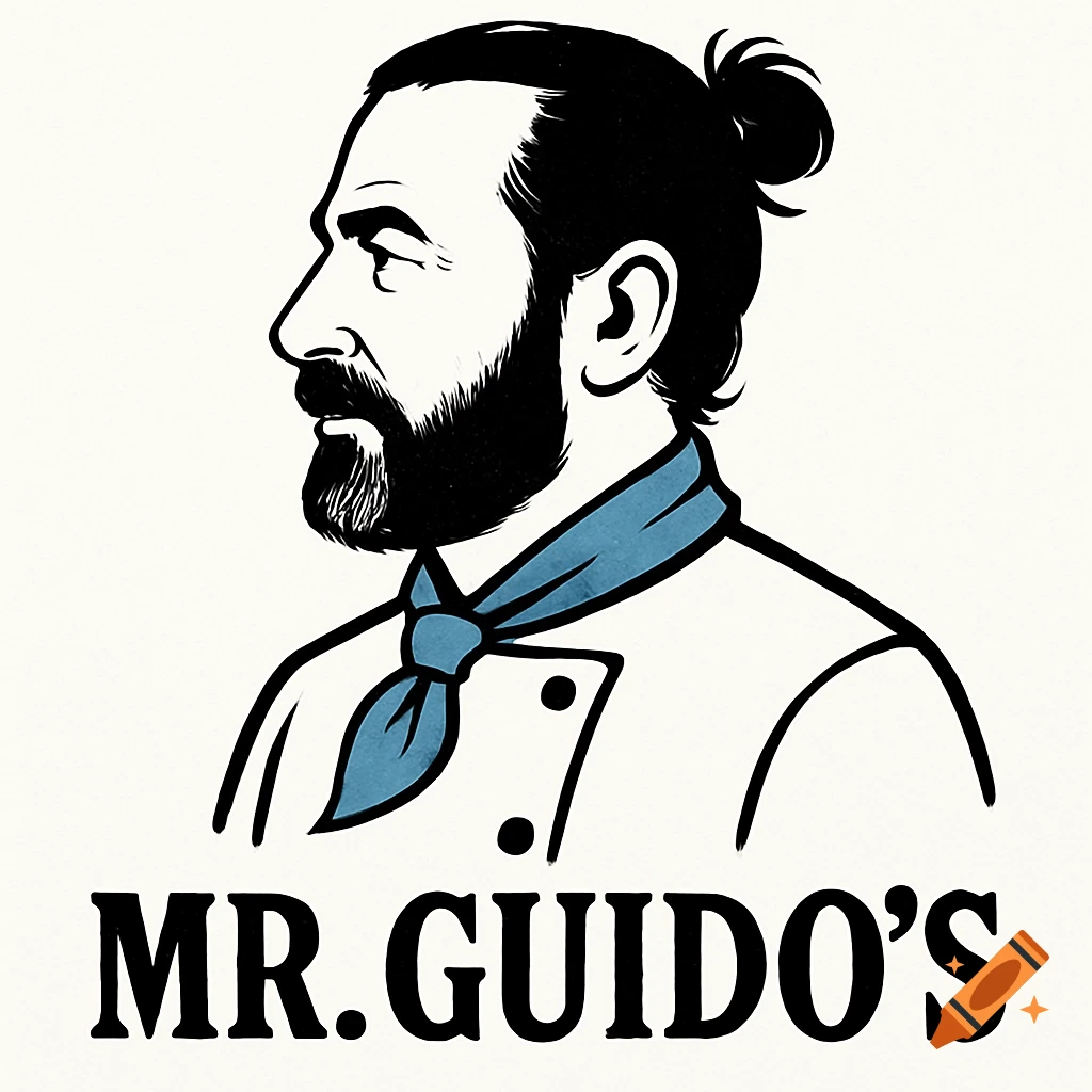 Illustration of a man in a chef coat with a man bun and beard, side view, above text MR.GUIDO'S.